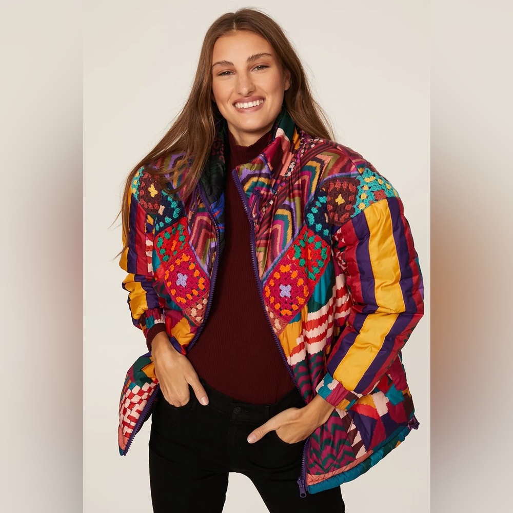 FARM Rio Reversible Patchwork Puffer Jacket with Crochet